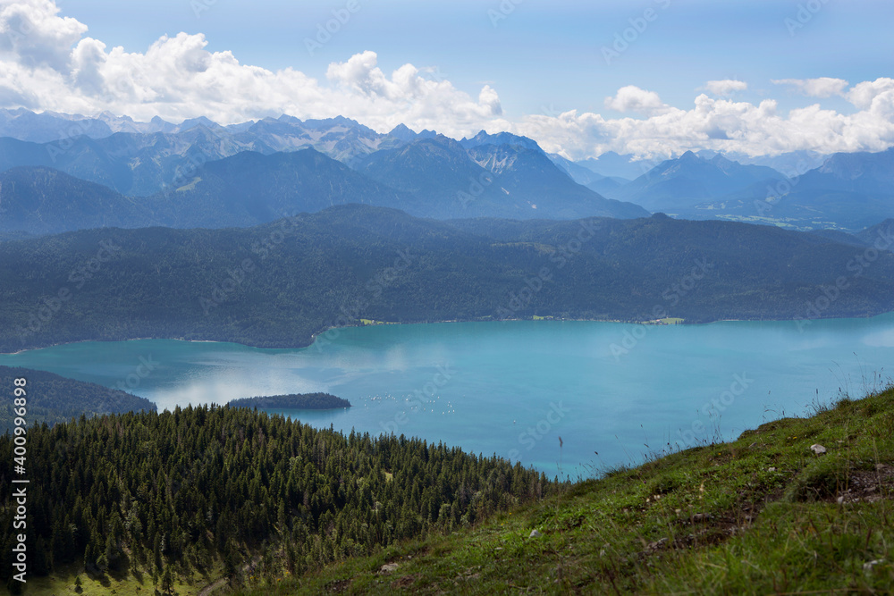 Panorama mountain view from Jochberg to lake Walchensee
