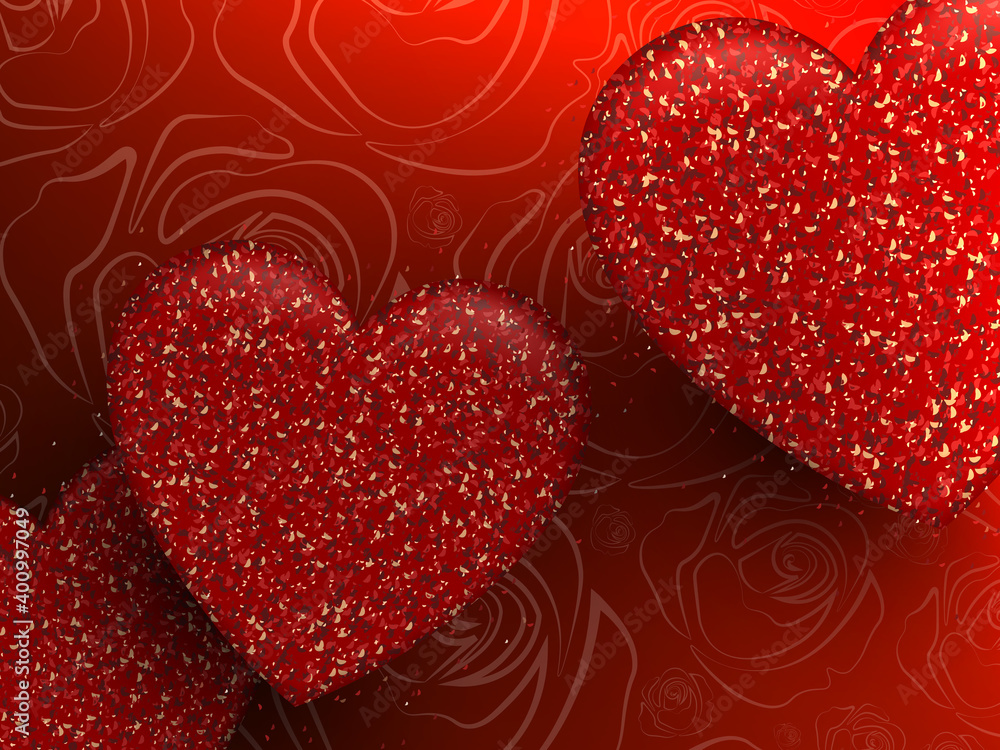 Red composition with a gradient, silhouettes of bright red textured hearts, small tinsel, silhouettes of rose flowers