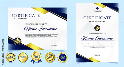 Certificate of appreciation template, gold and blue color. Clean modern certificate with gold badge. Certificate border template with luxury and modern line pattern. Diploma vector template