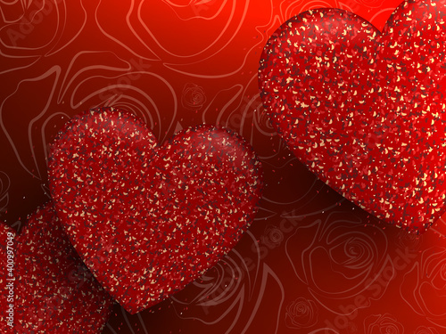 Red composition with a gradient, silhouettes of bright red textured hearts, small tinsel, silhouettes of rose flowers