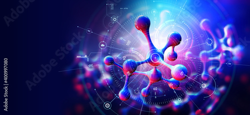 Molecule. Laboratory research. Scientific 3D illustration. Abstract digital elements and bright holiday