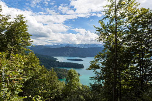 Panorama mountain view from Jochberg to lake Walchensee