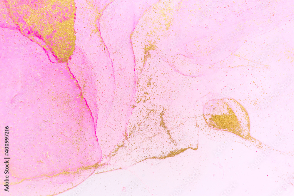 Alcohol ink pink and gold abstract stains background. Drops watercolor transparent texture. Alcohol ink pink and gold abstract stains background. Drops watercolor transparent texture.