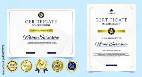 Certificate of appreciation template, gold and blue color. Clean modern certificate with gold badge. Certificate border template with luxury and modern line pattern. Diploma vector template