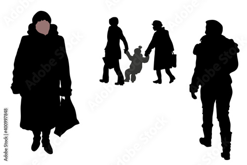 Vector silhouettes of people in clothes are walking in the winter, a girl is leaving, a woman is walking forward in a fur coat and a hat with a bag. Two women are holding a small child by the arms.