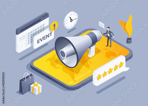 isometric vector illustration on gray background, man in business suit next to loudspeaker on tablet screen, shopping promotion with gift, event announcement