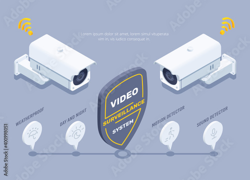 isometric vector illustration on gray background, outdoor surveillance cameras and shield with inscription video surveillance system