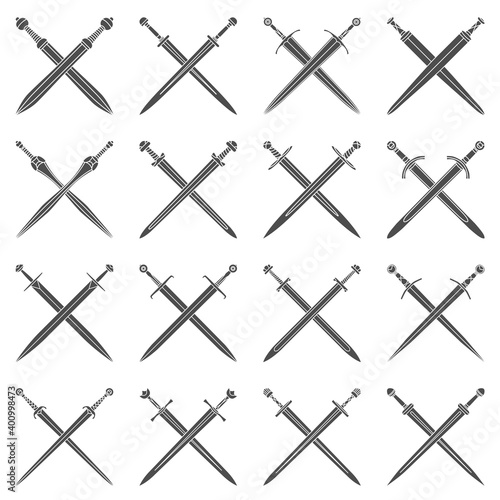 Set of simple black vector emblems of crossed short swords.
