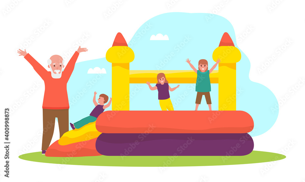 Grandson and grandfather having fun at the playground. Vector flat cartoon illustration.