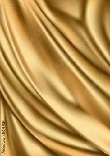 Rippled golden fabric, vertical vector background. Realistic gold satin illustration with copy space, for luxury, or fashion design decoration.
