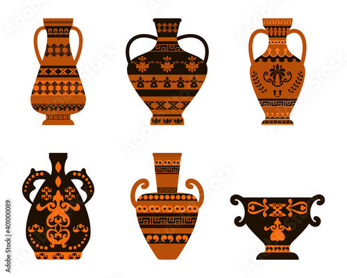 Set of Greek amphorae with ornament. Vector illustration. Flat design..