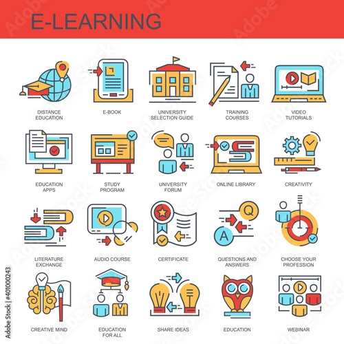 Learning. Set of color, flat, vector, linear icons. Set of icons for the site. Includes icons such as webinar, education, distance learning, certificate and others.
