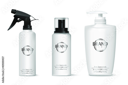Collection of cosmetic bottles with dispensers isolated on white background. Plastic bottles for liquid soap, shampoo, shower gel, lotion, body milk. Vector illustration