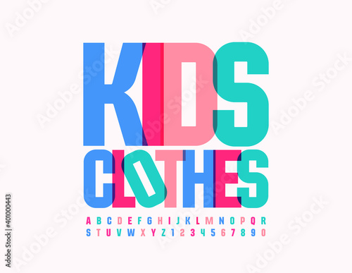 Vector cute logo Kids Clothes. Bright artistic Font. Colorful creative Alphabet Letters and Numbers set