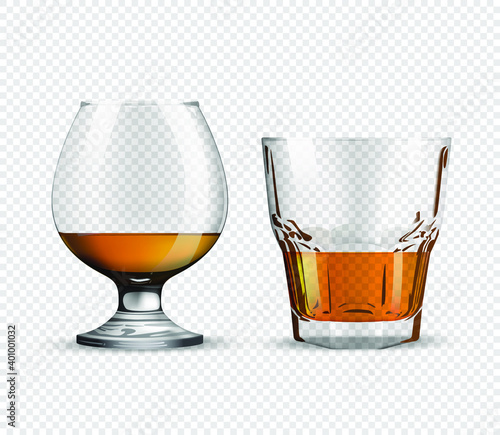 Two glasses for whiskey and rum isolated on transparent background realistic glass with carbonated drink, celebration concept. Vector illustration.