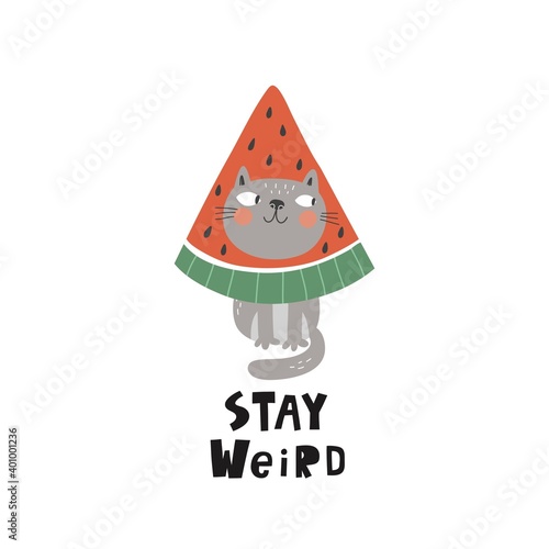 Cute cartoon cat inl costume of fruit. Comic kawaii cat and strawberries, watermelon, lemon, pineapple vector print photo