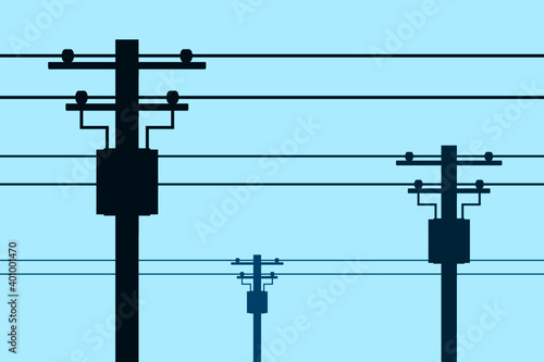 Electricity poles and electrical wire with blue sky background silhouette flat vector.