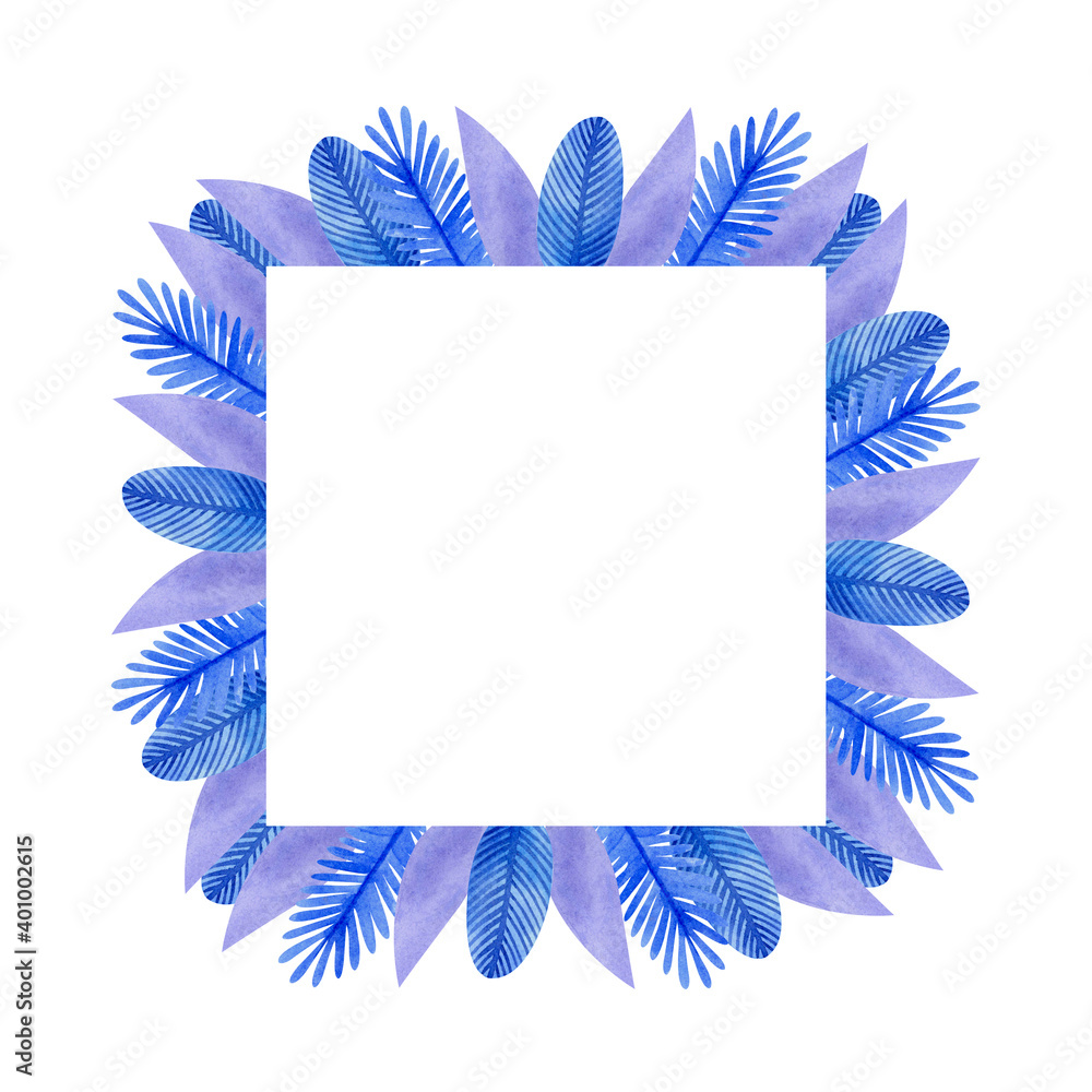 Obraz premium Watercolor winter frame with stylized blue leaves and pine twigs. For the design of postcards, invitations, posters and more.
