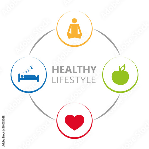 healthy lifestyle icons sleep apple yoga heart sport vector illustration EPS10