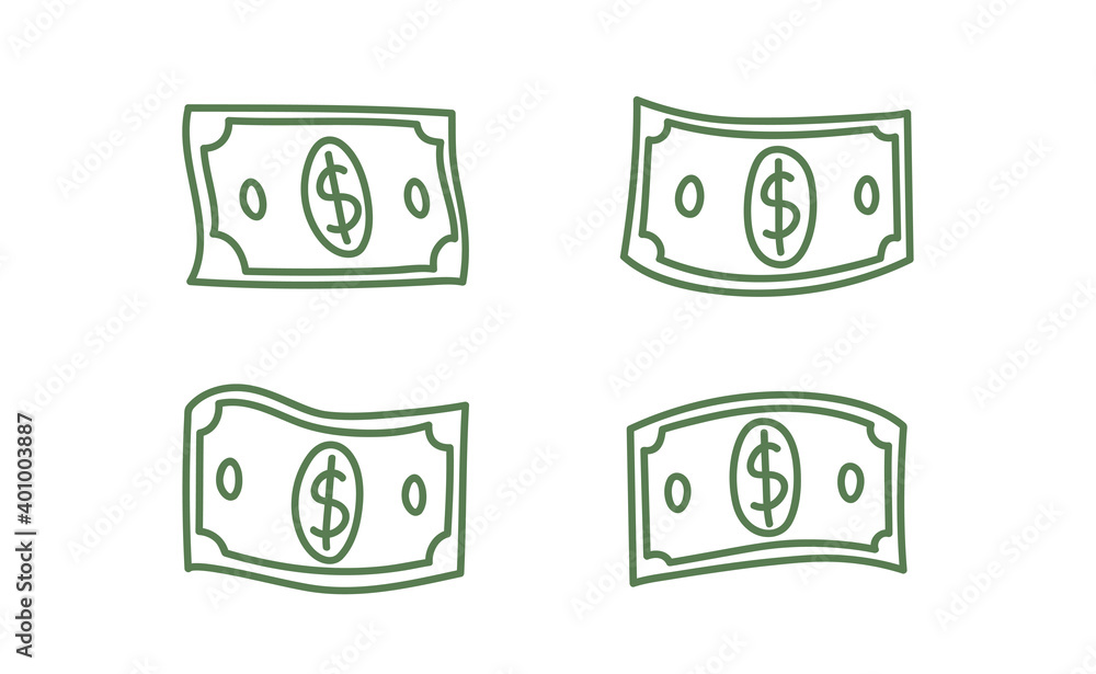 Hand drawn dollar bills. Money cash illustration. Hand drawn money symbol. Hand drawn dollar bills. Money cash illustration. Hand drawn money symbol.