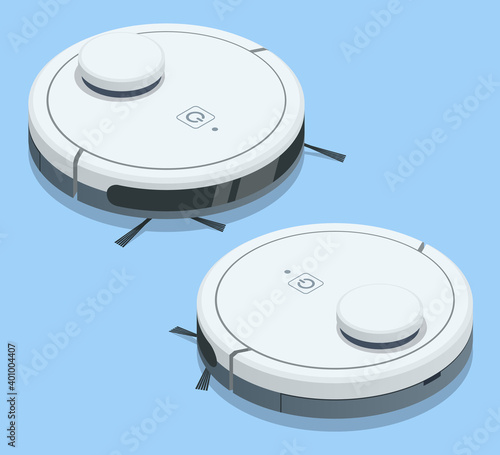 Isometric Robotic Vacuum Cleaner. Smart home. Robot vacuum cleaner communicates with the smartphone via wireless.