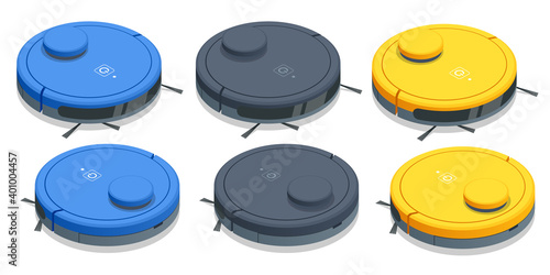 Isometric Robotic Vacuum Cleaner. Smart home. Robot vacuum cleaner communicates with the smartphone via wireless.