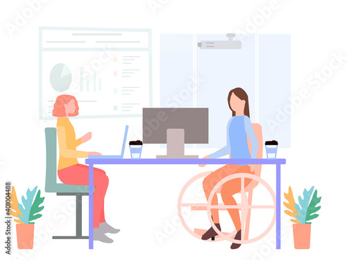 People with disabilities work in the firm, vector graphics
