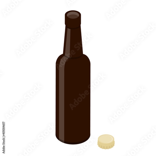 Opened glass beer bottle isolated and cap on white background