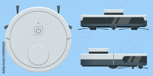 Isometric Robotic Vacuum Cleaner. Smart home. Robot vacuum cleaner communicates with the smartphone via wireless. Top and side view