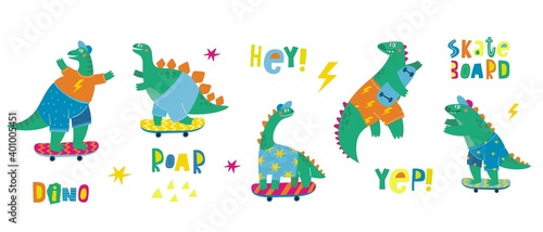 Dinosaur on a skateboard in the city. Extreme sport cartoon character dino. Character dinosaur skateboarder vector print for t-shirts.