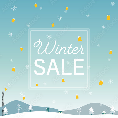 Sale and fair banner templates. Winter background material with vector illustrations of many snowflakes, shopping bags and houses