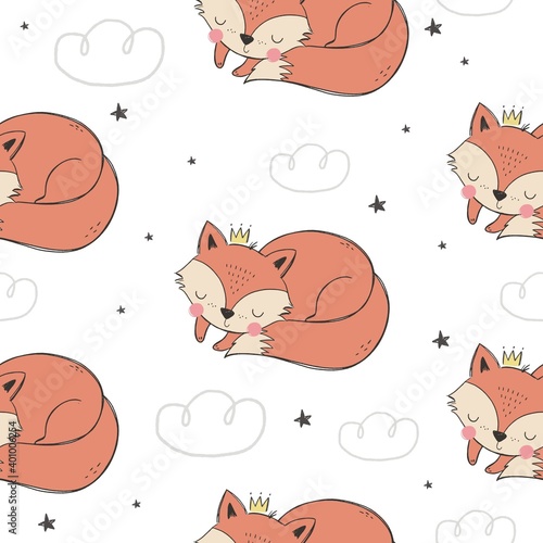 Cute cartoon fox baby sleeping. Windy poster for Baby shower with a cute sleeping fox character. A wonderful print for the decor of a children's bedroom.