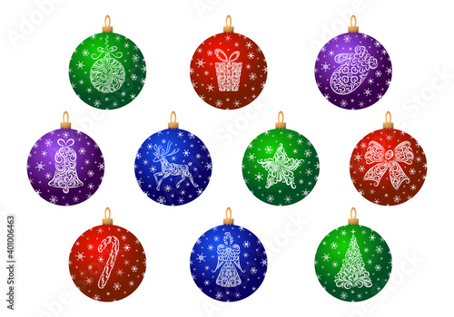 Set of Christmas balls with an ornate pattern and snowflakes. New Year decoration. Isolated objects on a white background. Vector illustration. Colorful template