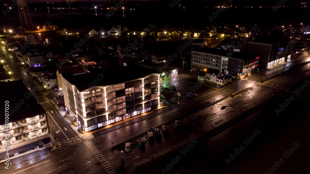 Night aerial photo shops and hotels on Hampton Beach New Hampshire USA Night aerial photo shops and hotels on Hampton Beach New Hampshire USA