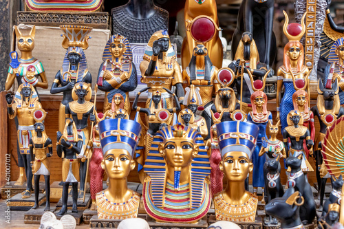 souvenir shop exhibit a lot of statues of the pharaohs kings in al muiz street, Cairo, Egypt 