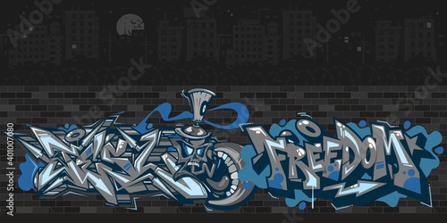 Dark Streetart Graffiti Wall With Drawings At Night Against The Background Of The Cityscape Vector Illustration