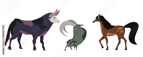 Carton farm pets  cow  hourse  goat. Domestic aminals on white background. Livestock and life at the farm. Vector illustration 