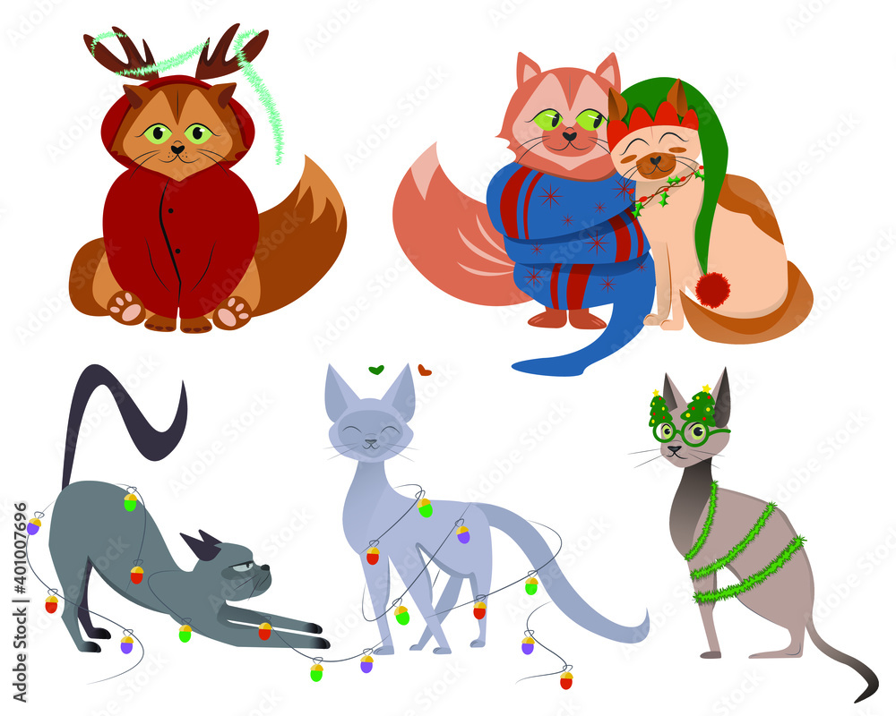 Obraz premium Christmas cats in garlands and with christmas elements. Character couple cat for New Year and ChristmasVector illustration