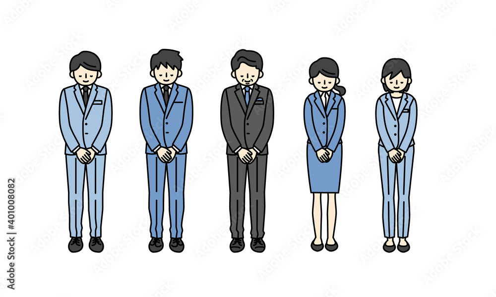 お辞儀をする5人のスーツ姿の男性と女性の全身イラスト Stock Vector Adobe Stock お辞儀をする5人のスーツ姿の男性と女性の全身イラスト Stock Vector Adobe Stock