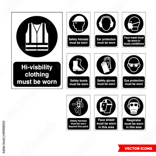 Mandatory signs icon set of black and white types. Isolated vector sign symbols. Icon pack.
