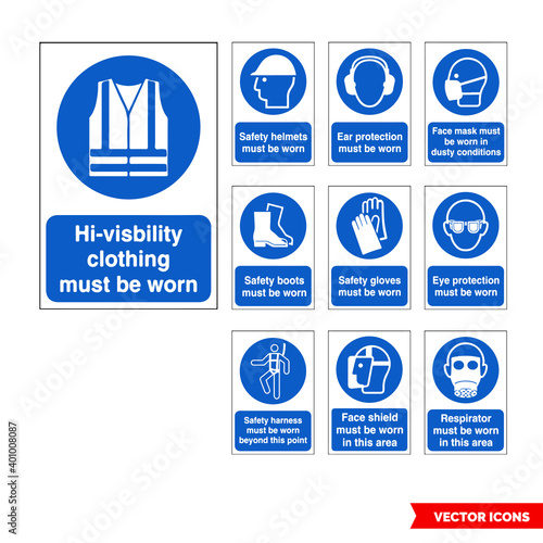 Mandatory signs icon set of color types. Isolated vector sign symbols. Icon pack.
