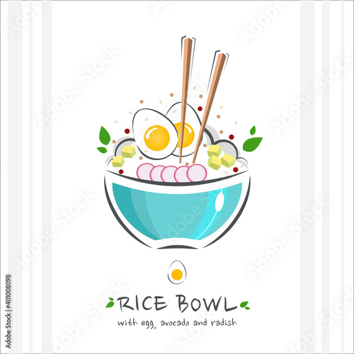 Rice bowl with egg, avocado and radish. Healthy food design template. Illustration with chopstick and poke bowl with rice