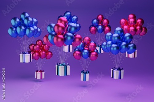 3d render. Mixed blue and red balloons with gift boxes. Purple background.