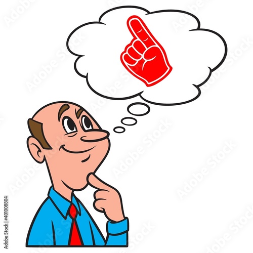 Thinking about a Fan Event - A cartoon illustration of a man thinking about a Fan Event.