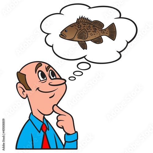 Thinking about a Grouper Fish - A cartoon illustration of a man thinking about a Grouper Fish.