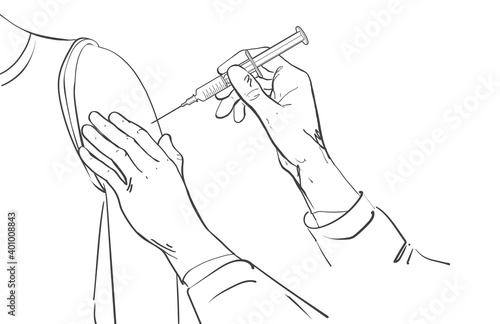 Vaccine Syringe COVID-19 coronavirus. Doctor, nurse is holding medical injection in hand, vaccinating medicine flu. Health care concept of injection. Line sketch vector illustration
