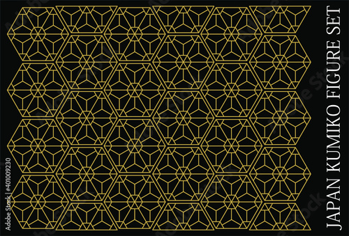 Japan Kumiko design. Wooden veneer patterns from Japan's decorative art are made up of hexagons. Colors are used to separate motifs. You can use whatever colors and contours you want.