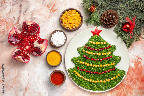 top view green salad in new year tree shape with seasonings on light background salad meal color xmas photos