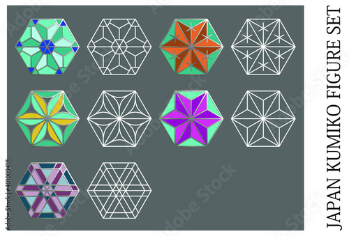 Japan Kumiko design. Wooden veneer patterns from Japan's decorative art are made up of hexagons. Colors are used to separate motifs. You can use whatever colors and contours you want.