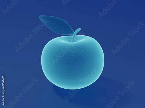 Mesh high tech apple on blue background, digital apple, 3d render